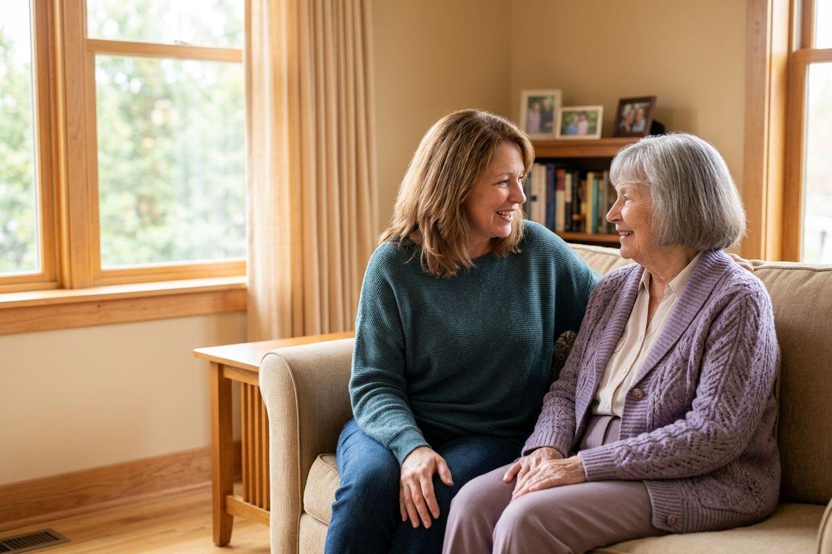 A senior and a younger woman sit close together on a living room sofa, smiling at each other, with a bookshelf and framed photos behind them.