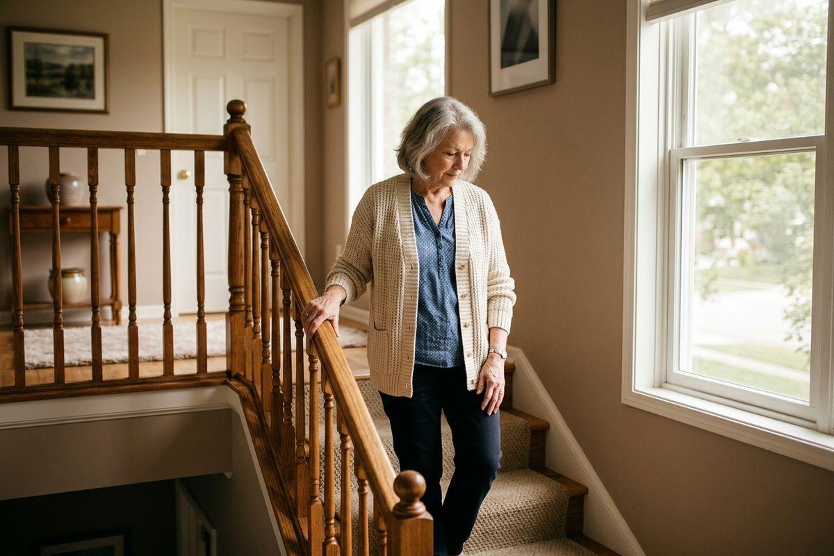 Woman on stairs by window, considering
