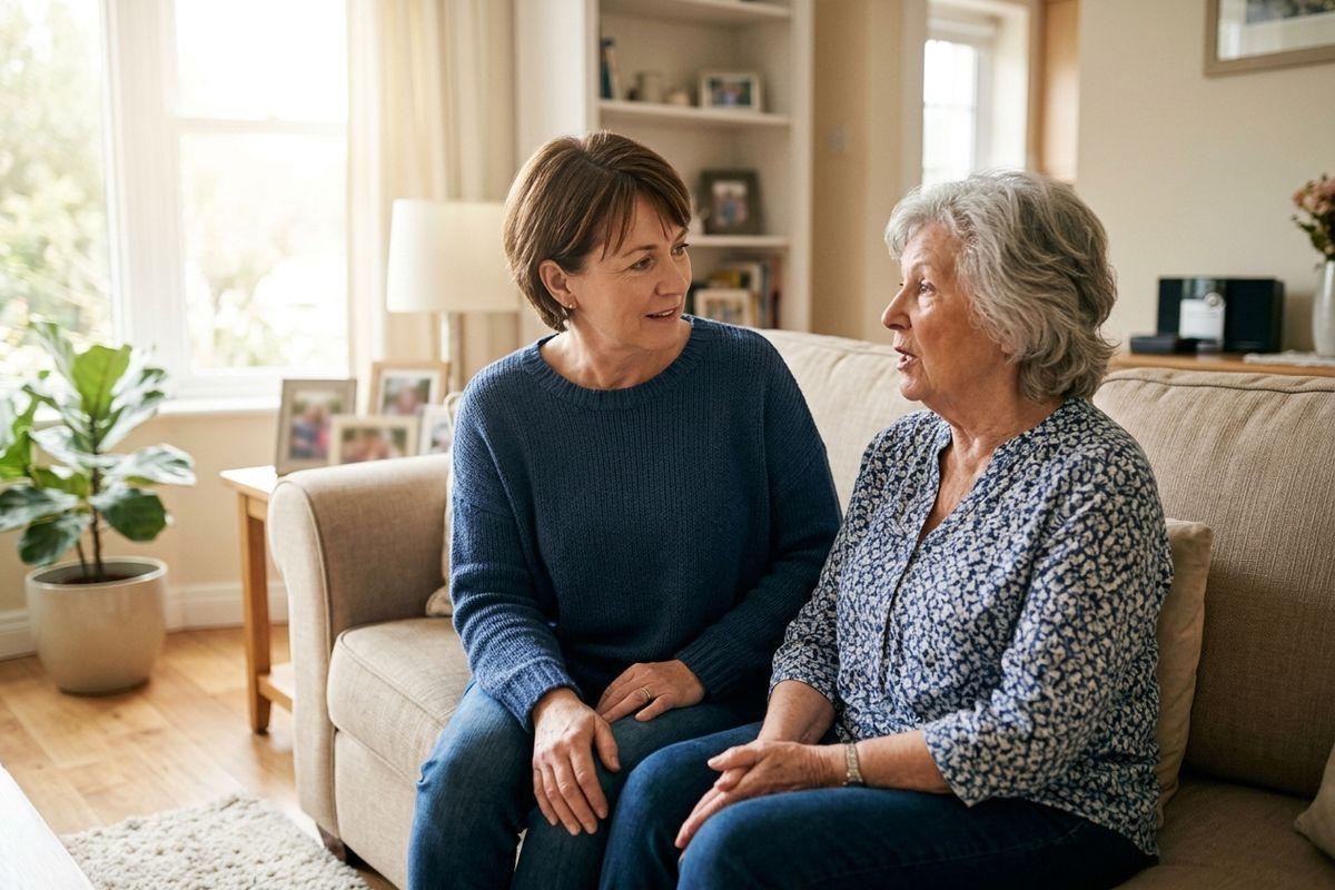 Adult and older adult sit together on a beige sofa in a bright living room, talking; the older adult speaks while the other listens attentively.